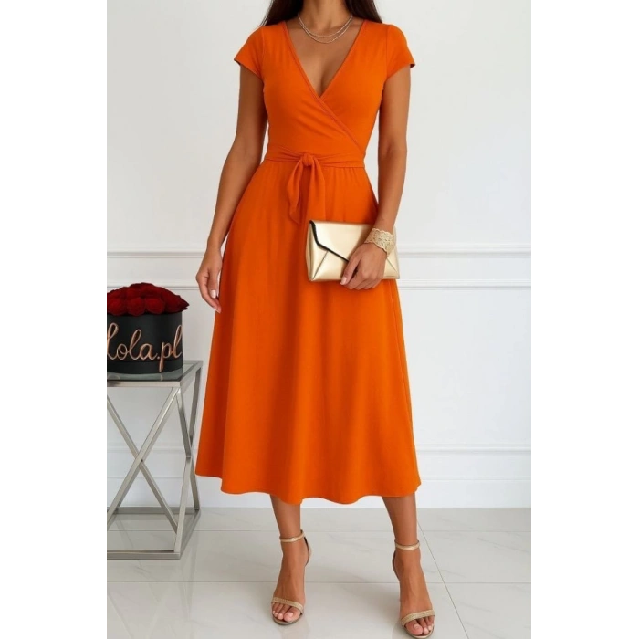 Kadın Kısa Kollu V Yakalı Belden Kuşaklı Maksi Boy Viskon Elbise