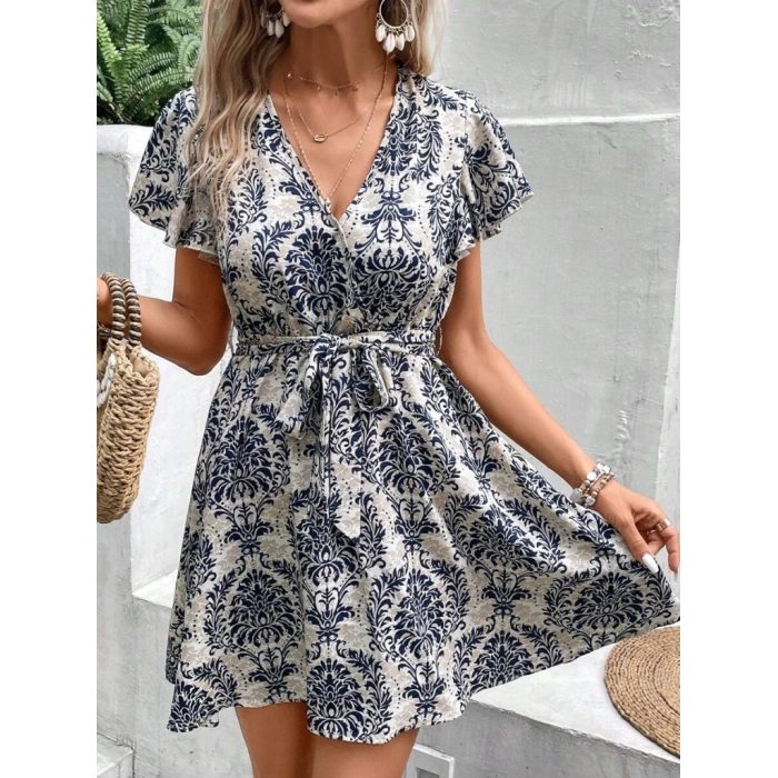 Kadın Kısa Kollu V Yakalı Beli Kuşaklı Desenli Sofya Elbise
