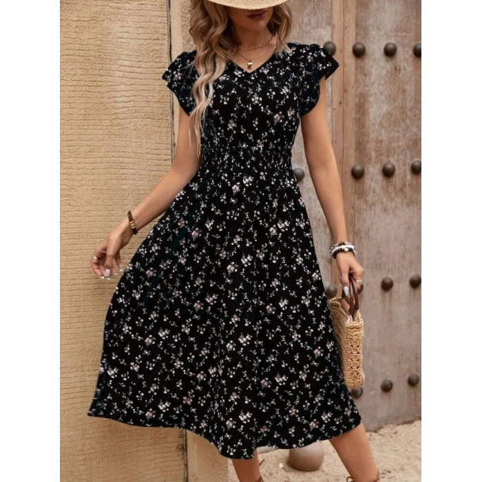 Kadın Kısa Kollu V Yakalı Beli Lastikli çiçek Desenli Süprem Elbise