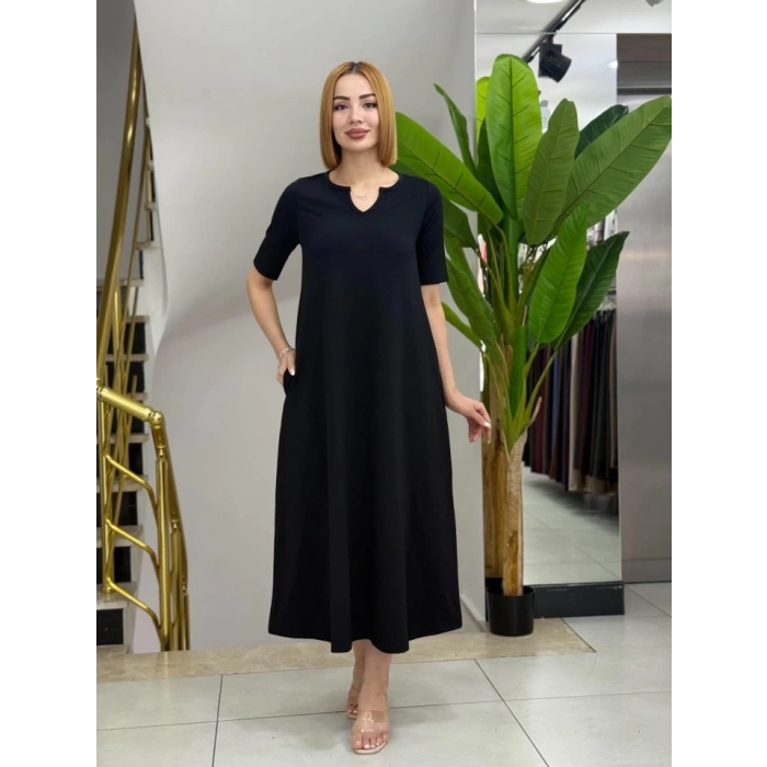 Kadın Kısa Kollu V Yakalı Cep Detaylı Uzun Janjan Krep Elbise