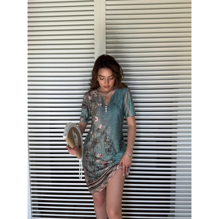 Kadın Kısa Kollu V Yakalı çiçek Baskılı Midi Süprem Elbise