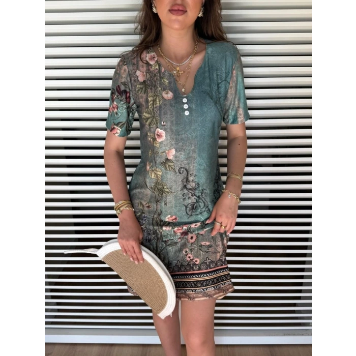 Kadın Kısa Kollu V Yakalı çiçek Baskılı Midi Süprem Elbise