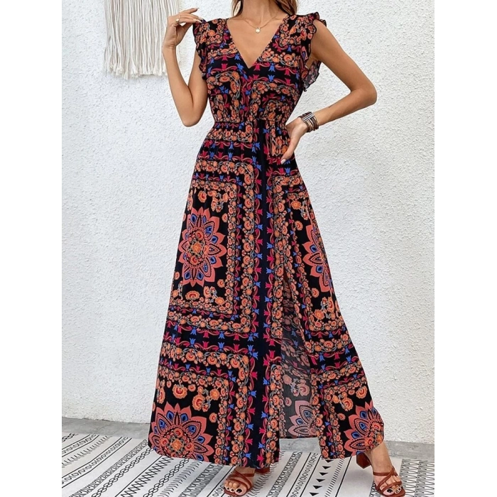 Kadın Kısa Kollu V Yakalı Deseni Yırtmaçlı Süprem Elbise