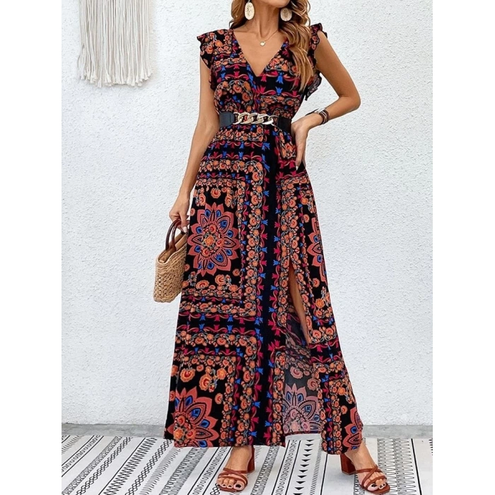 Kadın Kısa Kollu V Yakalı Deseni Yırtmaçlı Süprem Elbise