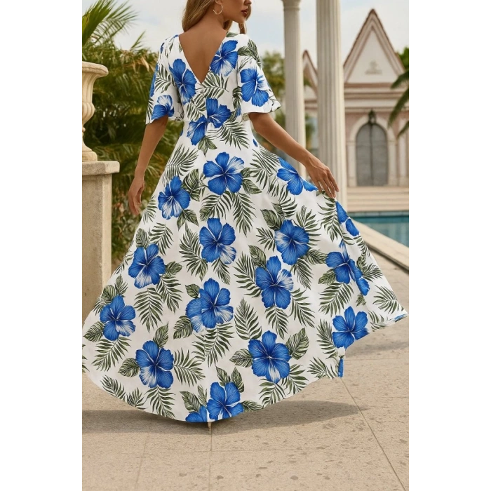 Kadın Kısa Kollu V Yakalı Desenli Süprem Elbise