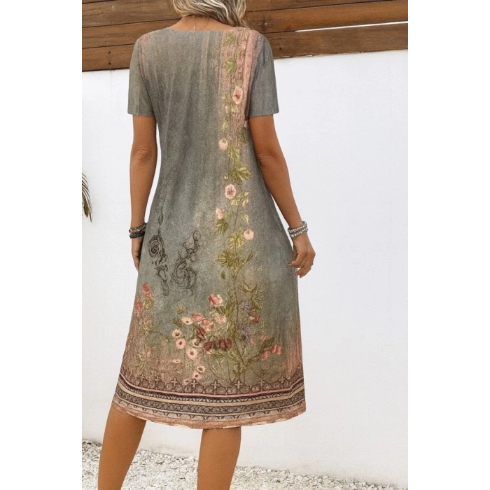 Kadın Kısa Kollu V Yakalı Desenli Süprem Elbise