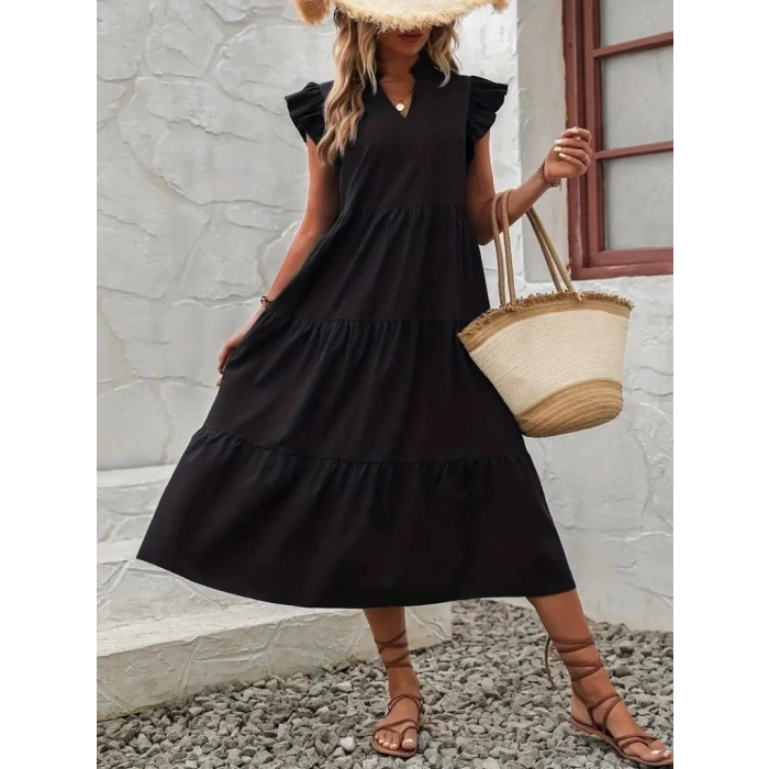 Kadın Kısa Kollu V Yakalı Geniş Kesim Uzun Trikoton Elbise