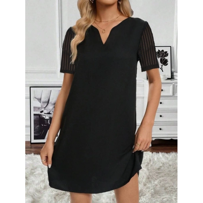 Kadın Kısa Kollu V Yakalı Kısa Janjan Krep Elbise