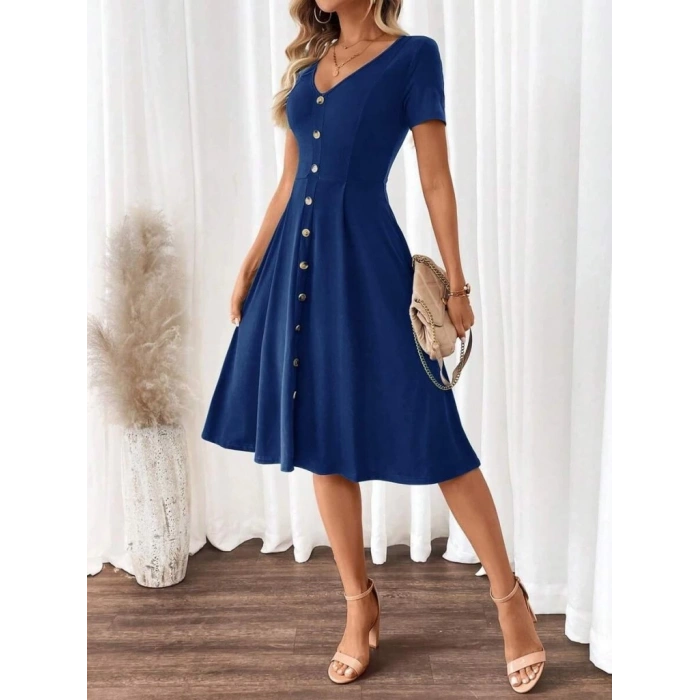 Kadın Kısa Kollu V Yakalı önden Düğmeli A Kesim Dokuma Elbise