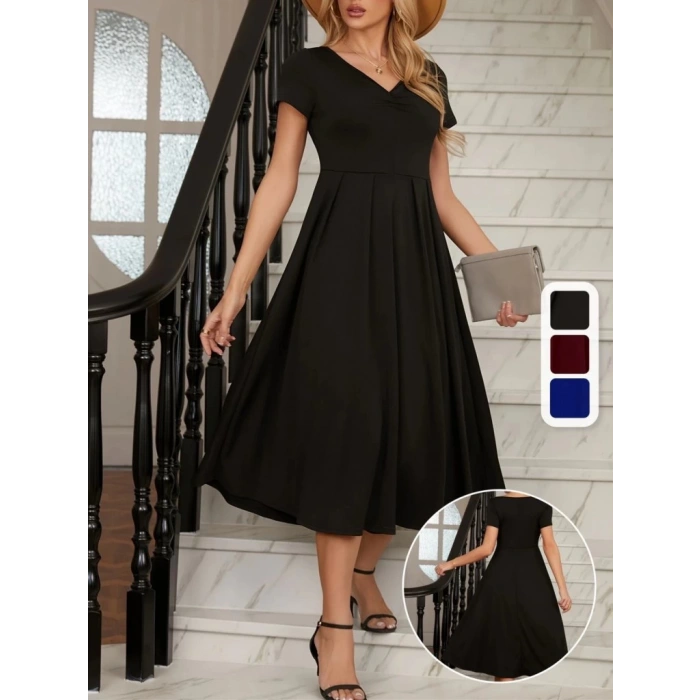 Kadın Kısa Kollu V Yakalı önden Pileli Midi Janjan Krep Elbise