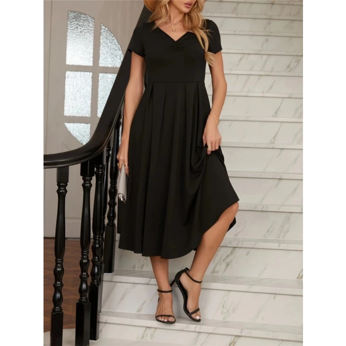 Kadın Kısa Kollu V Yakalı önden Pileli Midi Janjan Krep Elbise