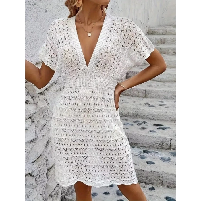 Kadın Kısa Kollu V Yakalı örme Triko Elbise