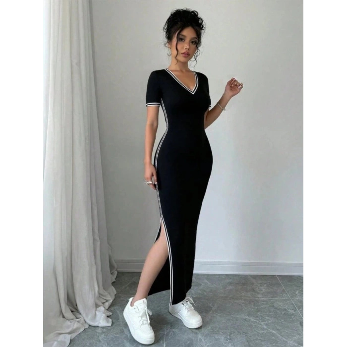 Kadın Kısa Kollu V Yakalı Yandan Yırtmaçlı Viskon Iki Iplik Elbise