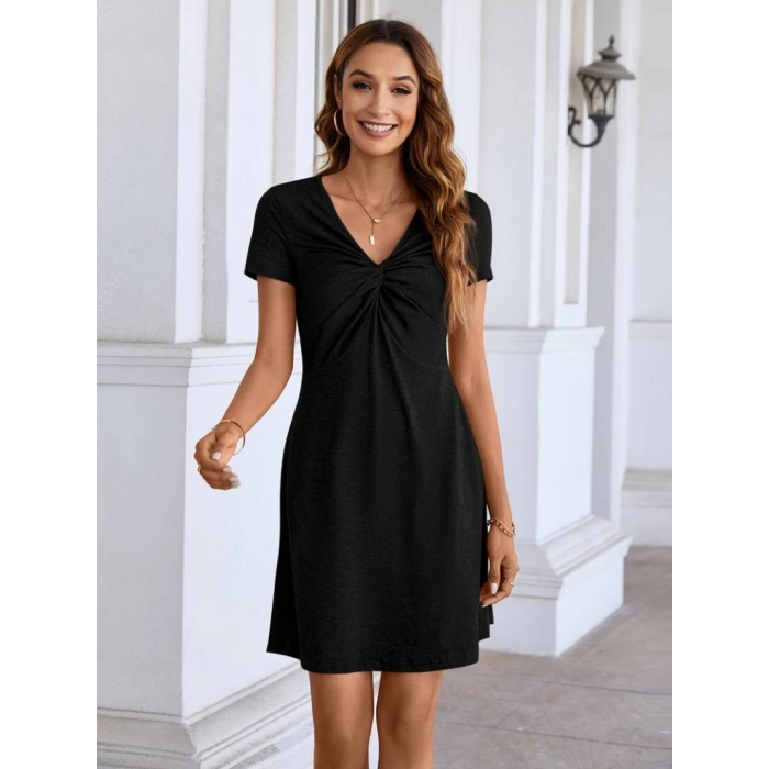 Kadın Kısa Kollu Yaka Detay Viskon Elbise