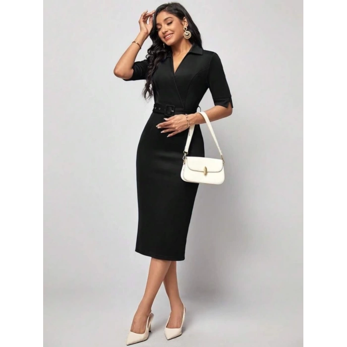 Kadın Kısa Kollu Yakalı Kruvaze Yakalı Beli Kemerli Midi Modal Elbise