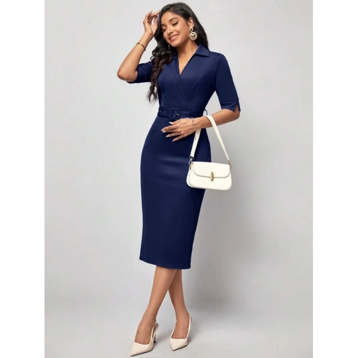 Kadın Kısa Kollu Yakalı Kruvaze Yakalı Beli Kemerli Midi Modal Elbise