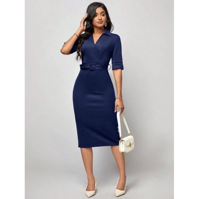 Kadın Kısa Kollu Yakalı Kruvaze Yakalı Beli Kemerli Midi Modal Elbise