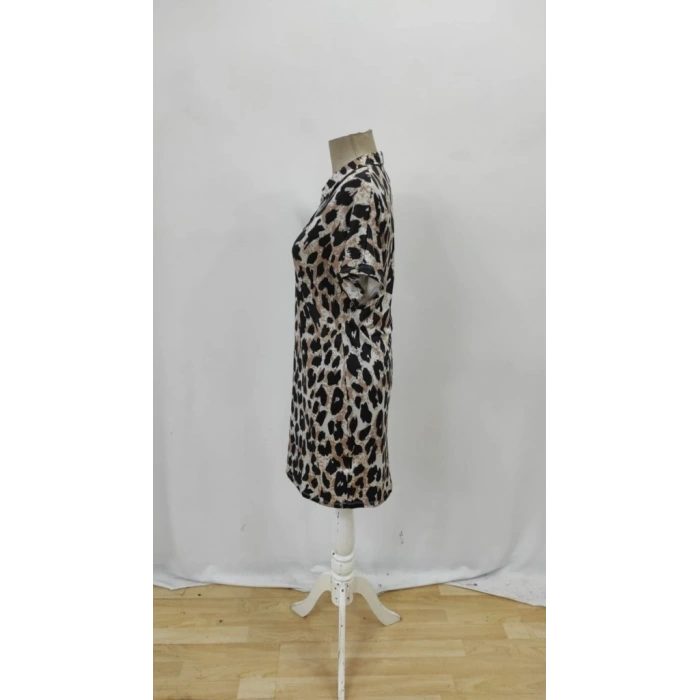 Kadın Kısa Kollu Yakalı Leopar Desenli Süprem Elbise