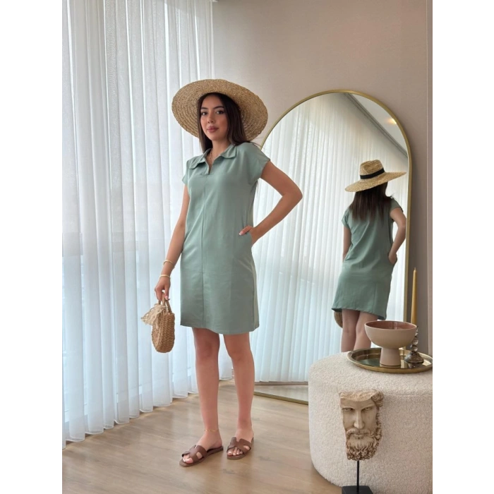 Kadın Kısa Kollu Yakalı Viskon Iki Iplik Elbise