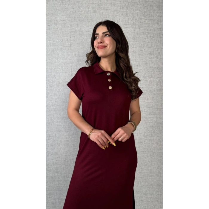 Kadın Kısa Kollu Yakalı Yandan Yırtmaçlı Viskon Iki Iplik Elbise