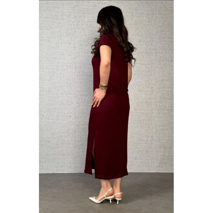 Kadın Kısa Kollu Yakalı Yandan Yırtmaçlı Viskon Iki Iplik Elbise