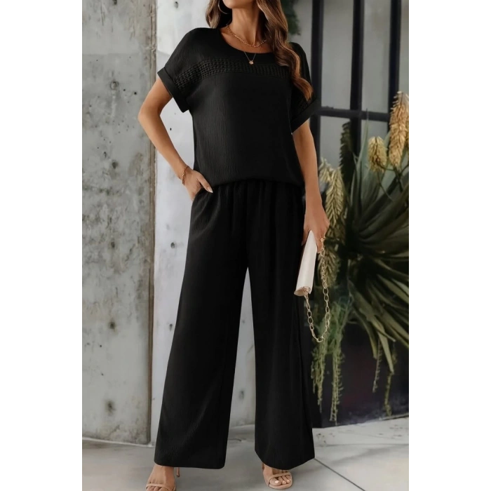 Kadın Kısa Kollu Yakası Açık Aerobin Bluz Ve Pantolon Ikili Takım