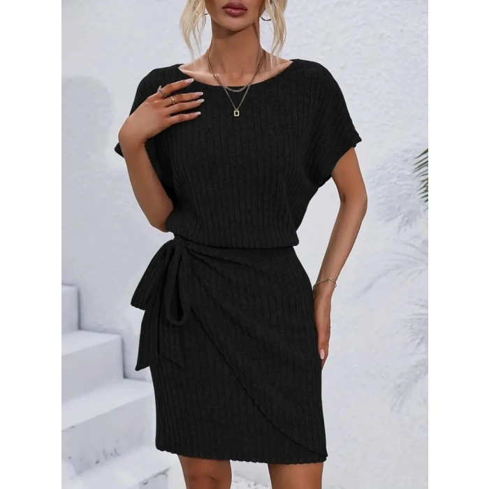 Kadın Kısa Kollu Yakası Açık Belden Lastikli Yandan Bağlamalı Kalın Fitilli Kaşkorse Elbise