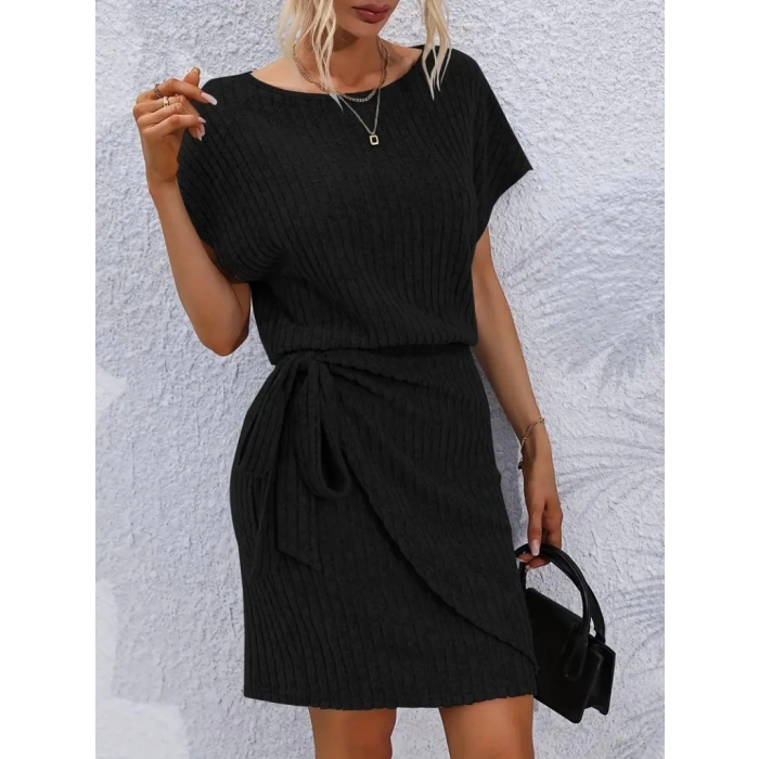 Kadın Kısa Kollu Yakası Açık Belden Lastikli Yandan Bağlamalı Kalın Fitilli Kaşkorse Elbise