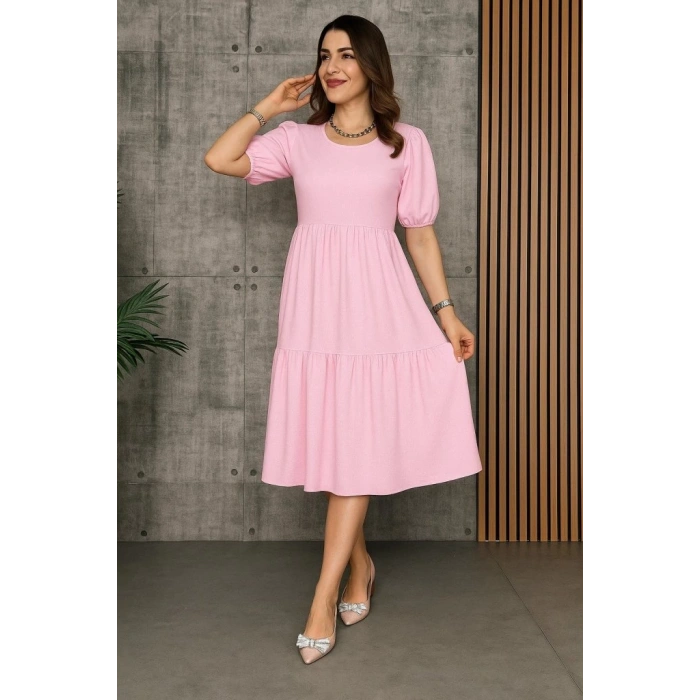 Kadın Kısa Kollu Yakası Açık Katlı Bürümcük Balon Elbise