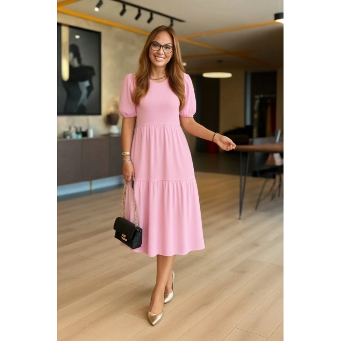 Kadın Kısa Kollu Yakası Açık Katlı Bürümcük Balon Elbise