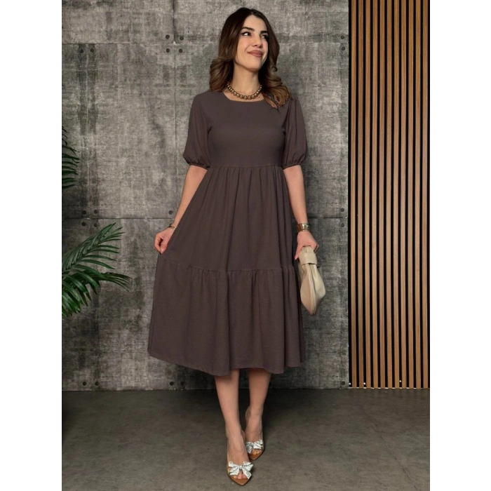 Kadın Kısa Kollu Yakası Açık Katlı Bürümcük Balon Elbise