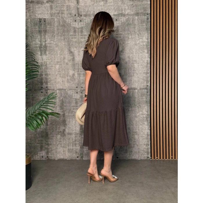 Kadın Kısa Kollu Yakası Açık Katlı Bürümcük Balon Elbise