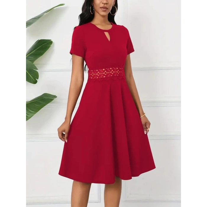 Kadın Kısa Kollu Yuvarlak Yaka Damla Detaylı Janjan Elbise