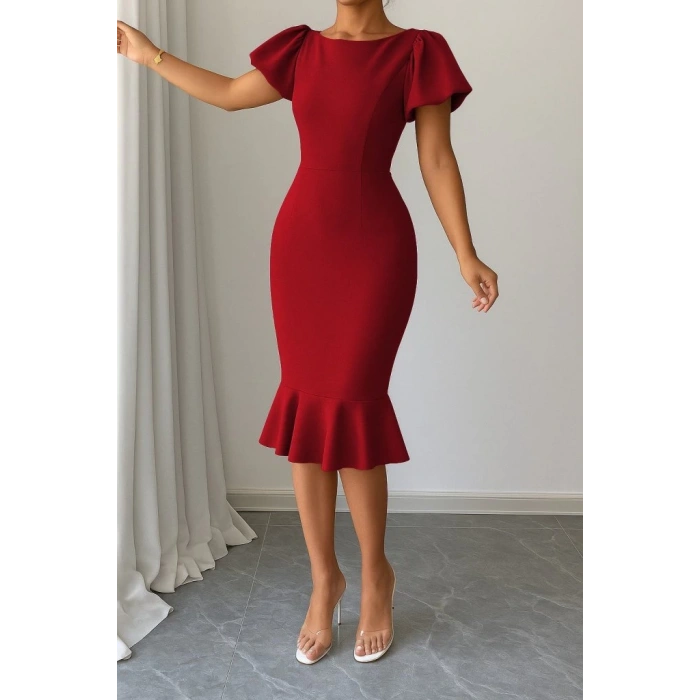 Kadın Kısa Kollu Yuvarlak Yaka Pileli Janjan Krep Elbise