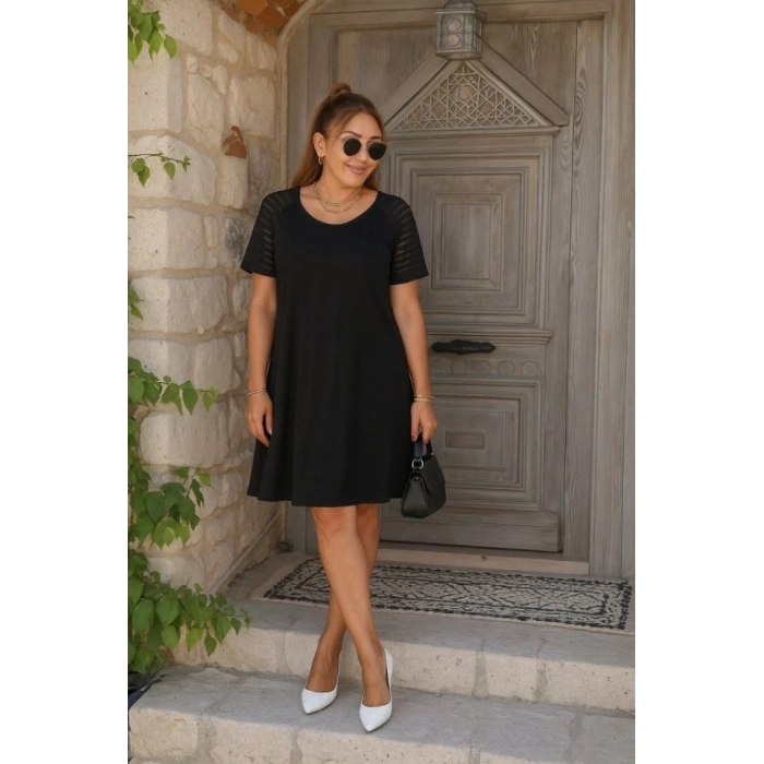 Kadın Kısa Kollu Yuvarlak Yaka şerit Kol Detaylı Viskon Elbise