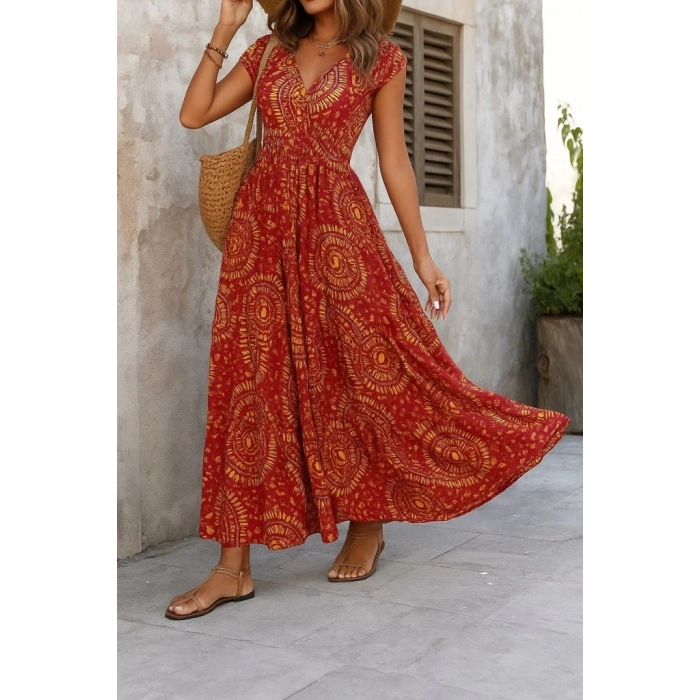 Kadın Kısa Yarasa Kanat Kollu V Yakalı Beli Büzgülü Süprem Elbise