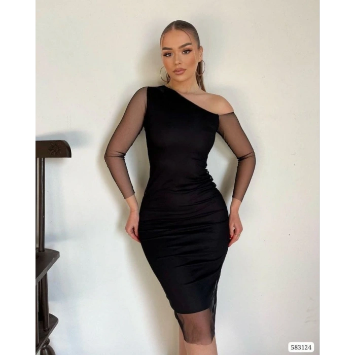 Kadın Kolları Tül Detay Omuz Dekolteli Diz üstü Kalem Elbise