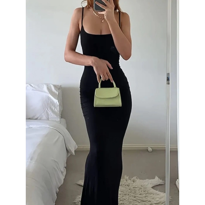 Kadın Kolsuz Askılı Bodycon Uzun Viskon Elbise