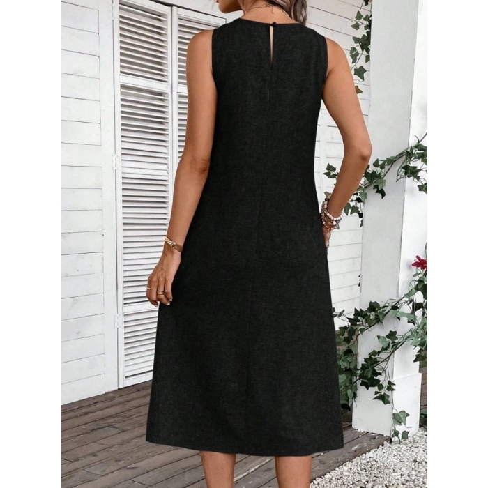 Kadın Kolsuz Bisiklet Yaka Cepli Midi Keten Elbise