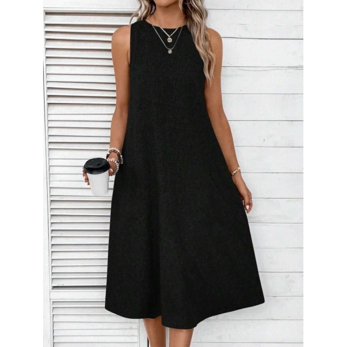 Kadın Kolsuz Bisiklet Yaka Cepli Midi Keten Elbise