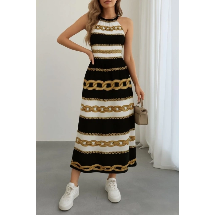 Kadın Kolsuz Boyundan Bağlamalı Beli Lastikli Dijital Baskı Süprem Uzun Elbise