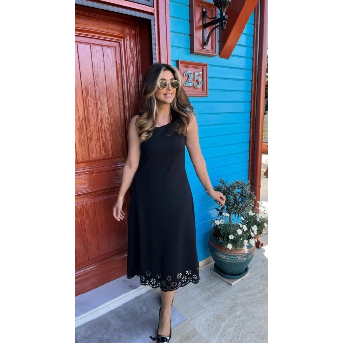 Kadın Kolsuz Etek Ucu Lazer Kesim çiçek Desenli Midi Boy Janjan Krep Elbise