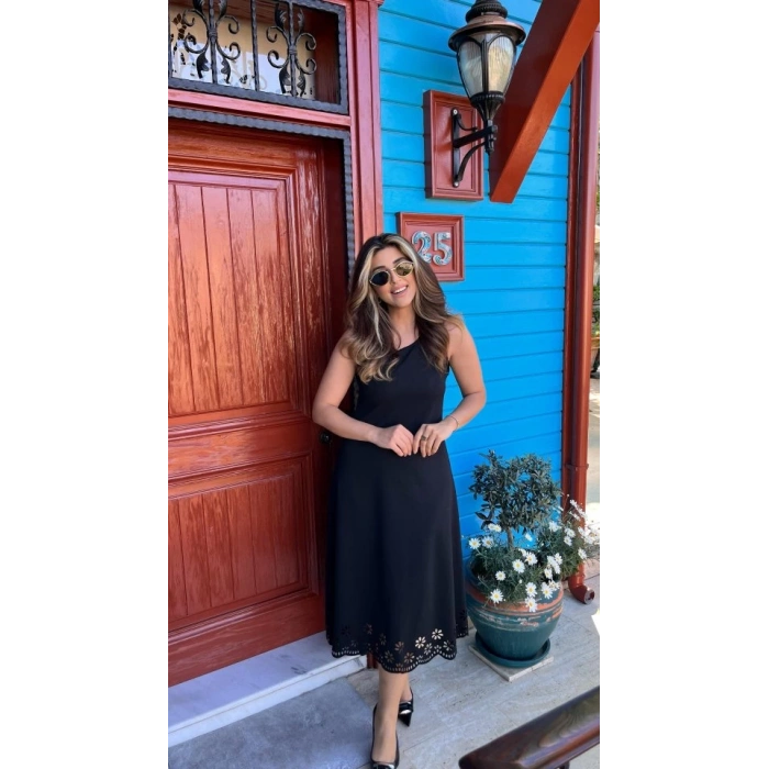 Kadın Kolsuz Etek Ucu Lazer Kesim çiçek Desenli Midi Boy Janjan Krep Elbise