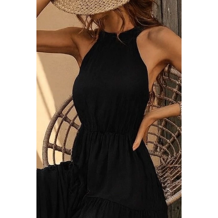 Kadın Kolsuz Halter Yaka Beli Lastiklidesenli Mikro Elbise
