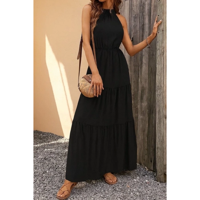 Kadın Kolsuz Halter Yaka Beli Lastiklidesenli Mikro Elbise