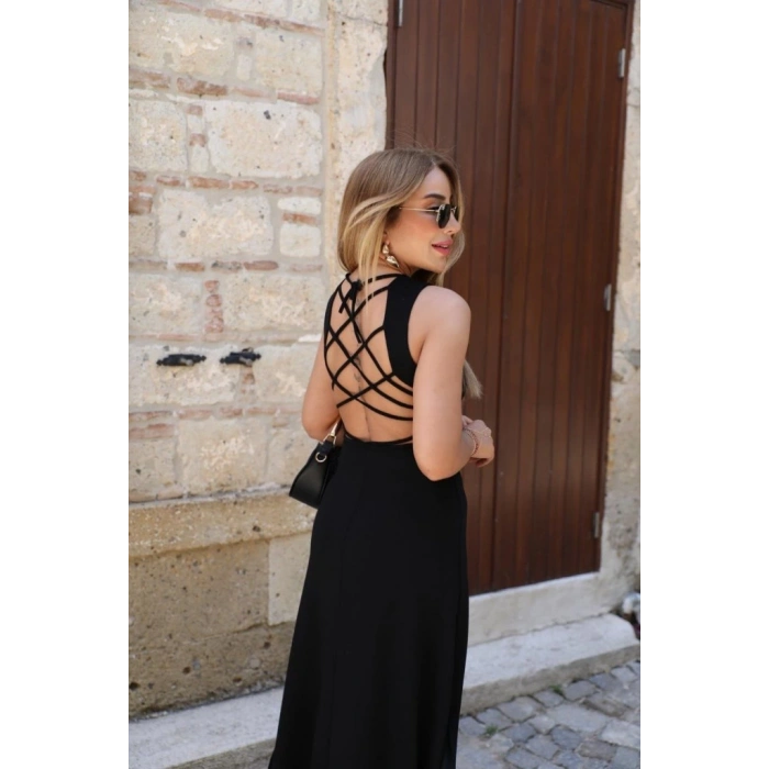 Kadın Kolsuz Sırttan çapraz Ip Detaylı Uzun Viskon Elbise