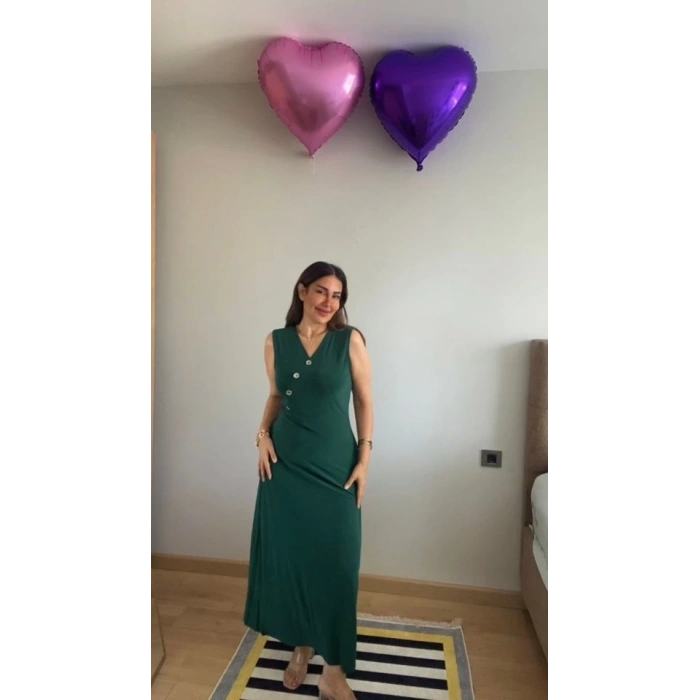 Kadın Kruvaze Yaka Düğme Detay Maxi Boy Elbise