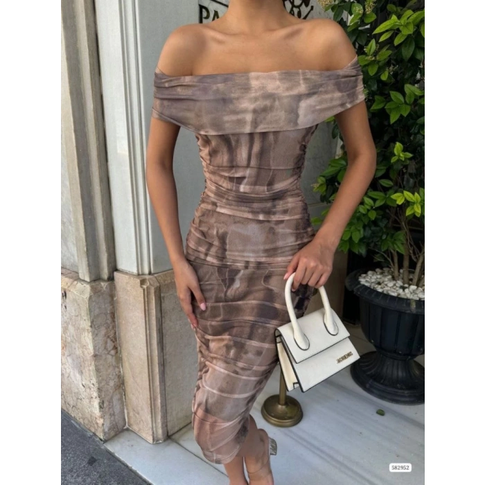 Kadın Madonna Yaka Dalga Desen Midi Boy şifon Elbise