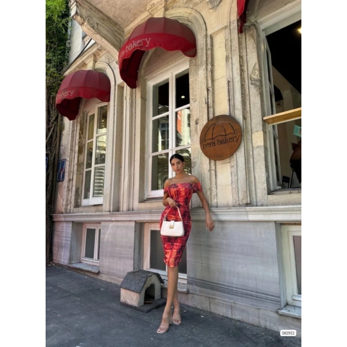 Kadın Madonna Yaka Dalga Desen Midi Boy şifon Elbise