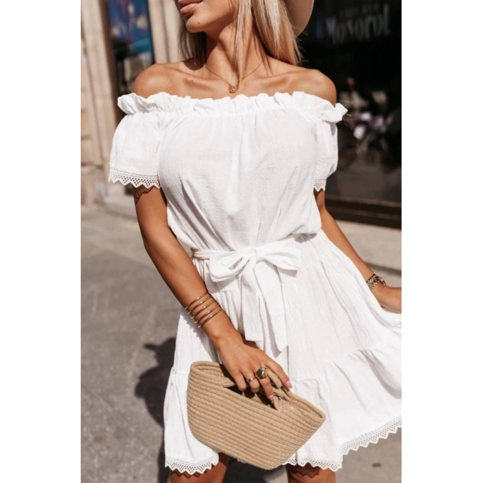 Kadın Madonna Yaka Pütür Detay Pamuklu Mini Elbise